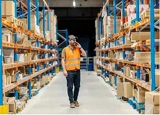 A warehouse worker standing between stocked storage racks